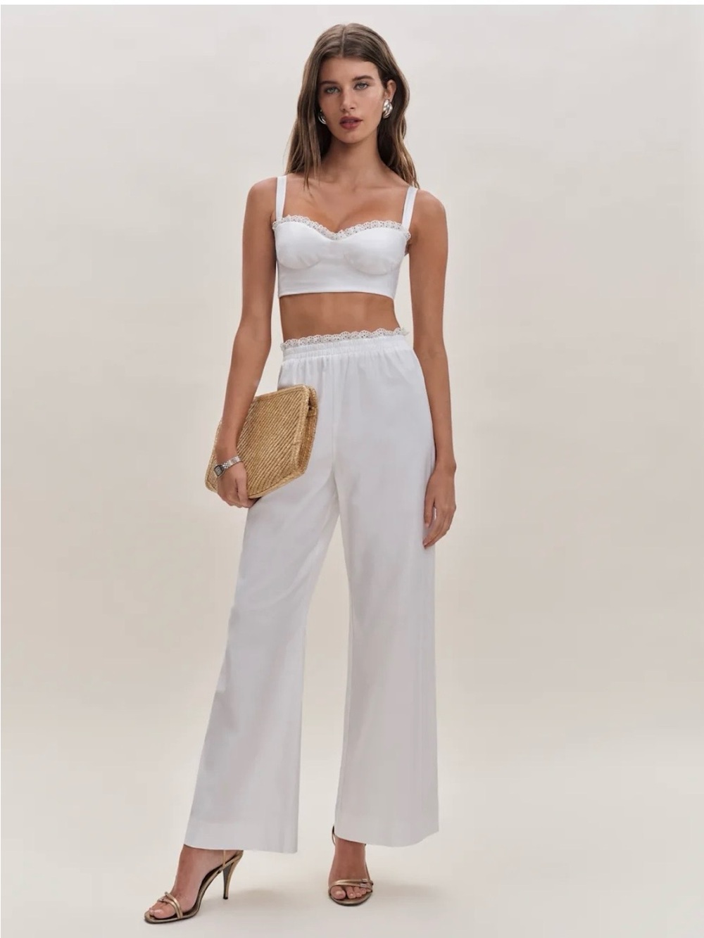 Reformation White Lace-Trim Bralette and Lounge Pants
